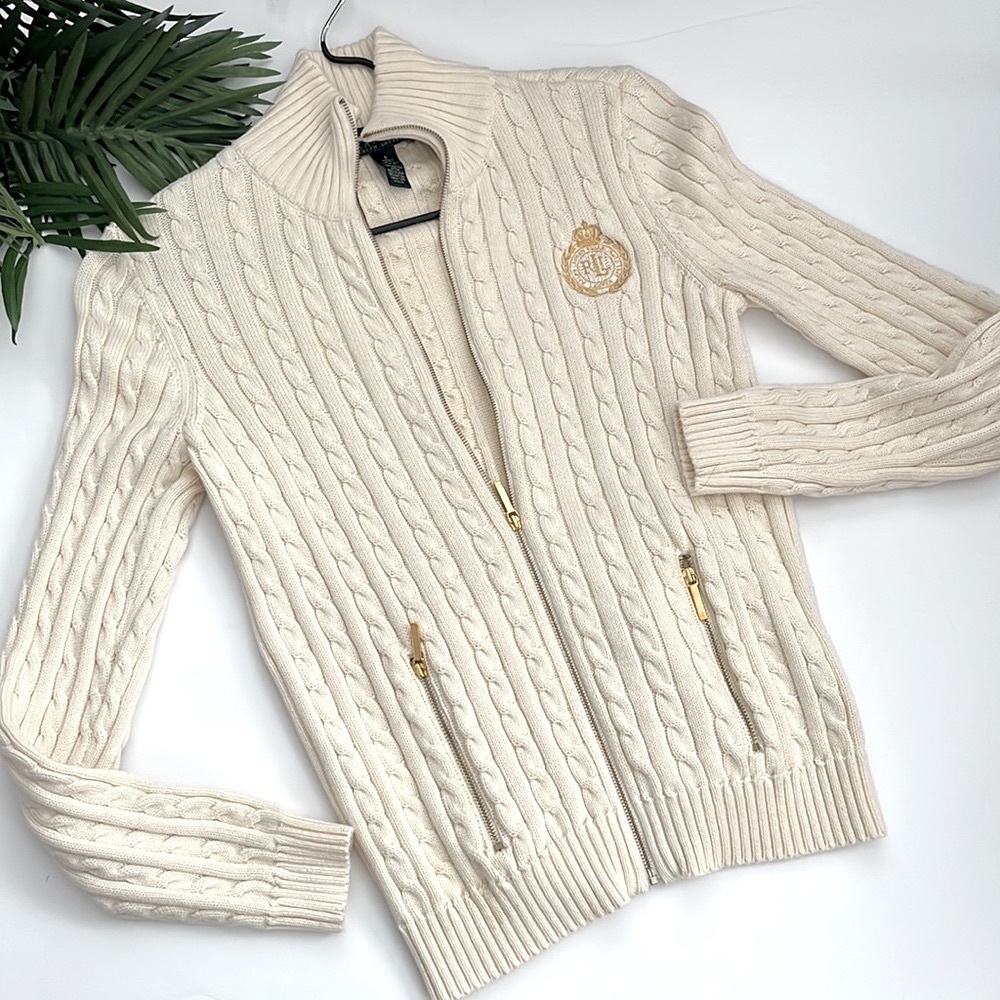Lauren Ralph Lauren cream women’s zip cardigan size small